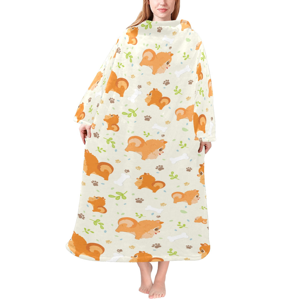 Cute brown pomeranian paw leave bone pattern Blanket Robe with Sleeves