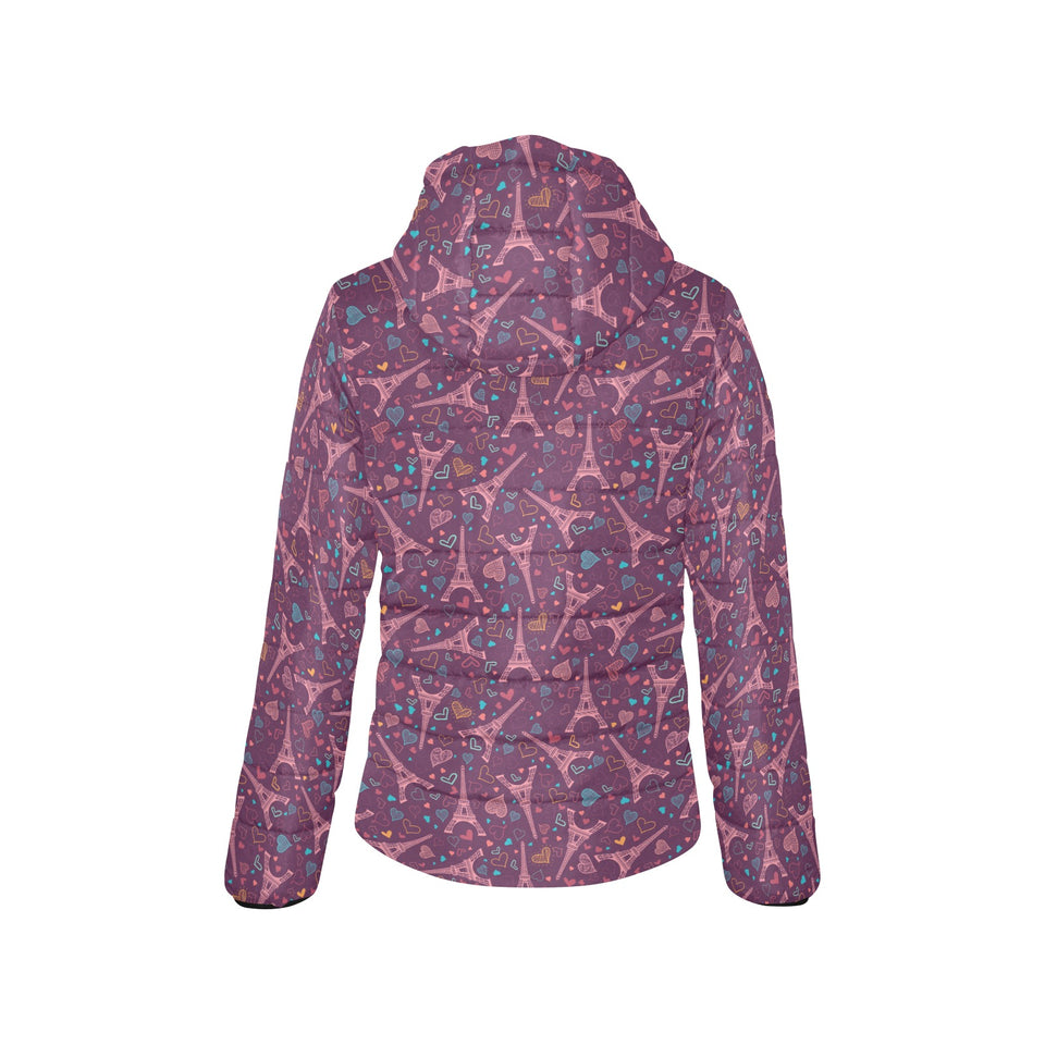 Eiffel Tower Heart Pattern Print Design 04 Women's Padded Hooded Jacket