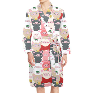 Pig Pattern Print Design 02 Men's Long Sleeve Belted Night Robe
