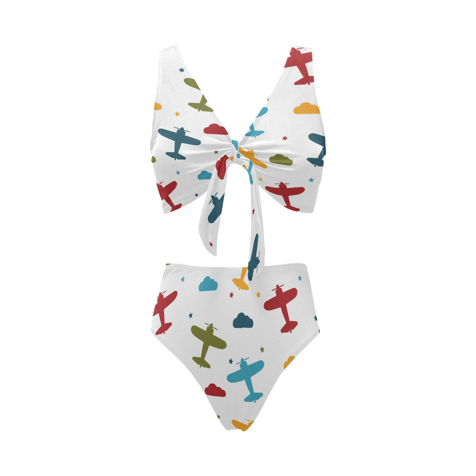 Airplane star cloud colorful Chest Bowknot High Waisted Bikini Swimsuit