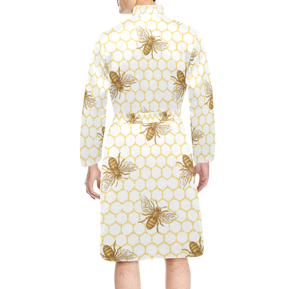 Bee honeycomb seamless design pattern Men's Long Sleeve Belted Night Robe