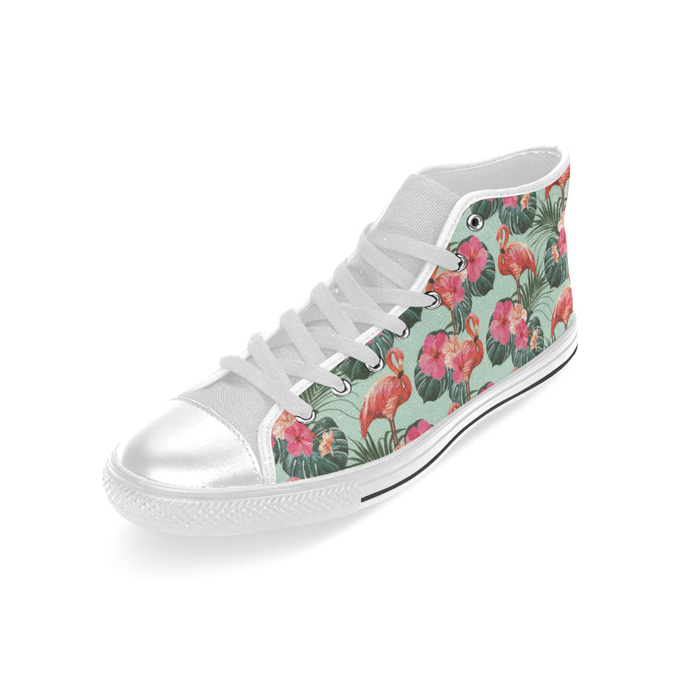 Beautiful flamingo tropical palm leaves hibiscus p Men's High Top Canvas Shoes White