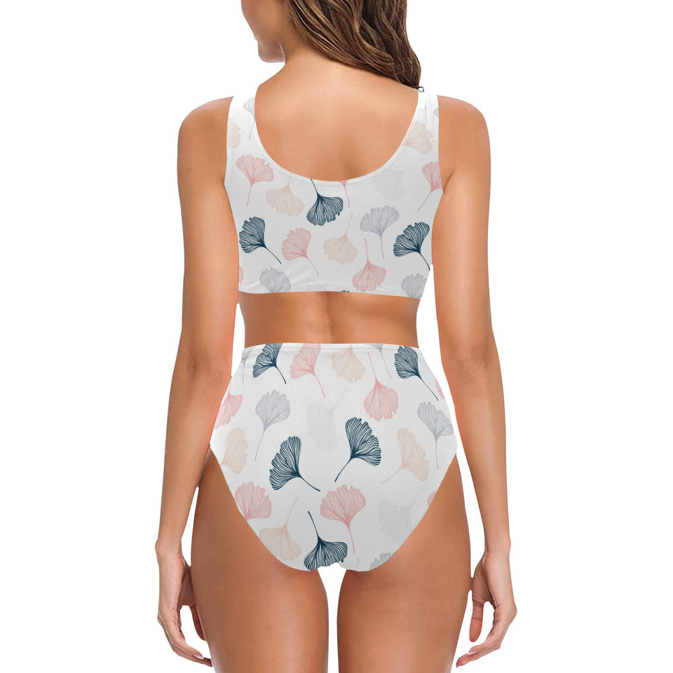 Black Gray Cream coral ginkgo leaves pattern Chest Bowknot High Waisted Bikini Swimsuit