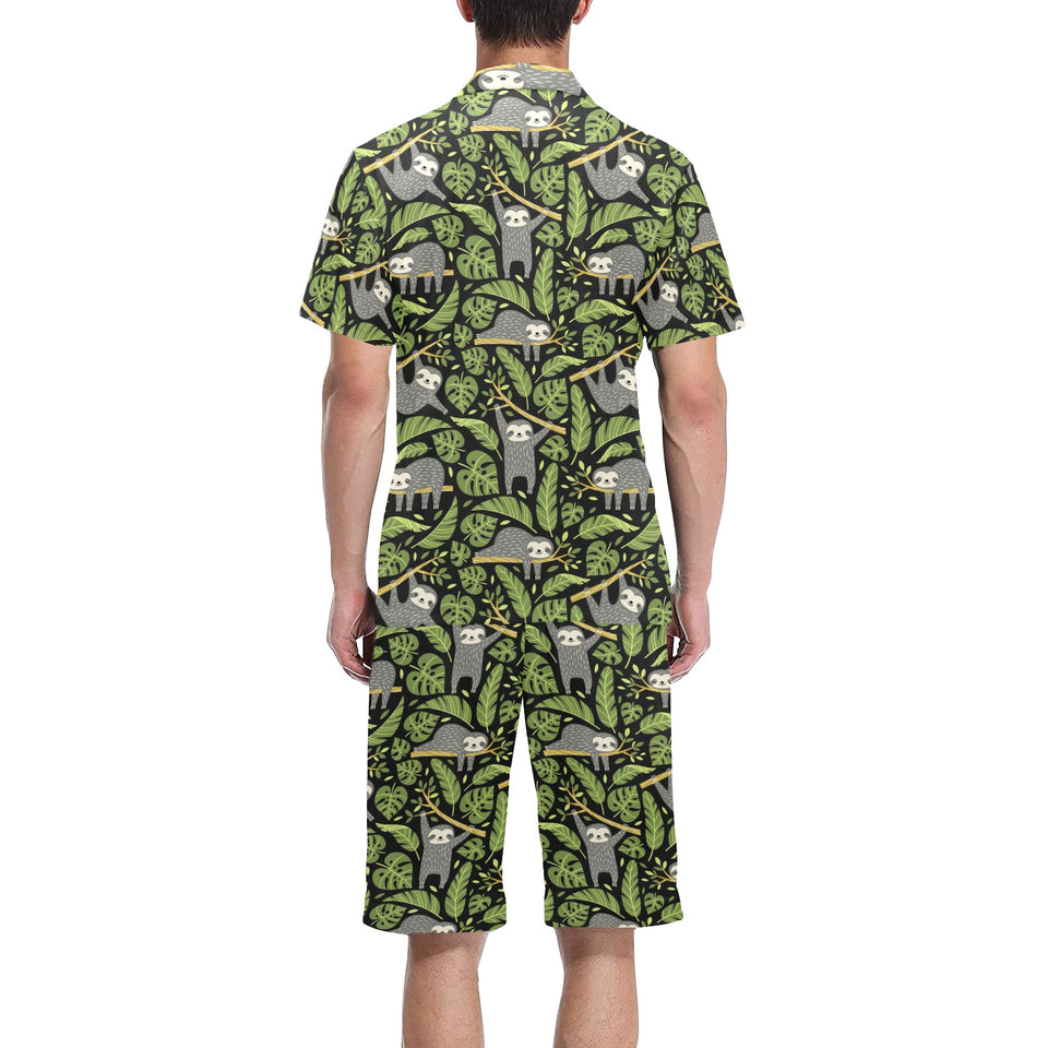 Cute sloths tropical palm leaves black background Men's V-Neck Short Pajama Set