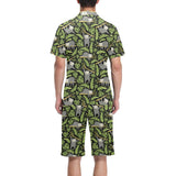Cute sloths tropical palm leaves black background Men's V-Neck Short Pajama Set