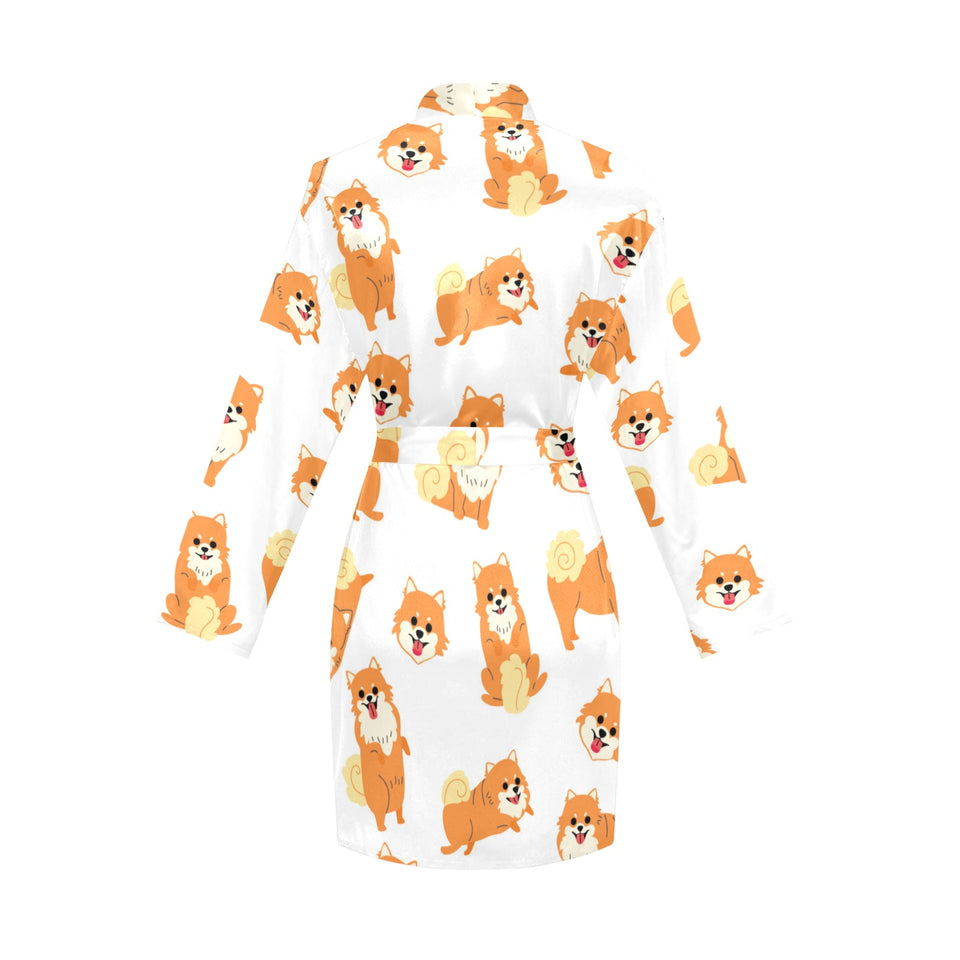 Brown pomeranian pattern Women's Long Sleeve Belted Night Robe