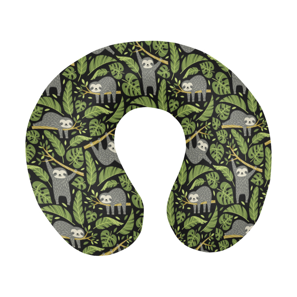 Cute sloths tropical palm leaves black background U-Shaped Travel Neck Pillow