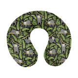 Cute sloths tropical palm leaves black background U-Shaped Travel Neck Pillow