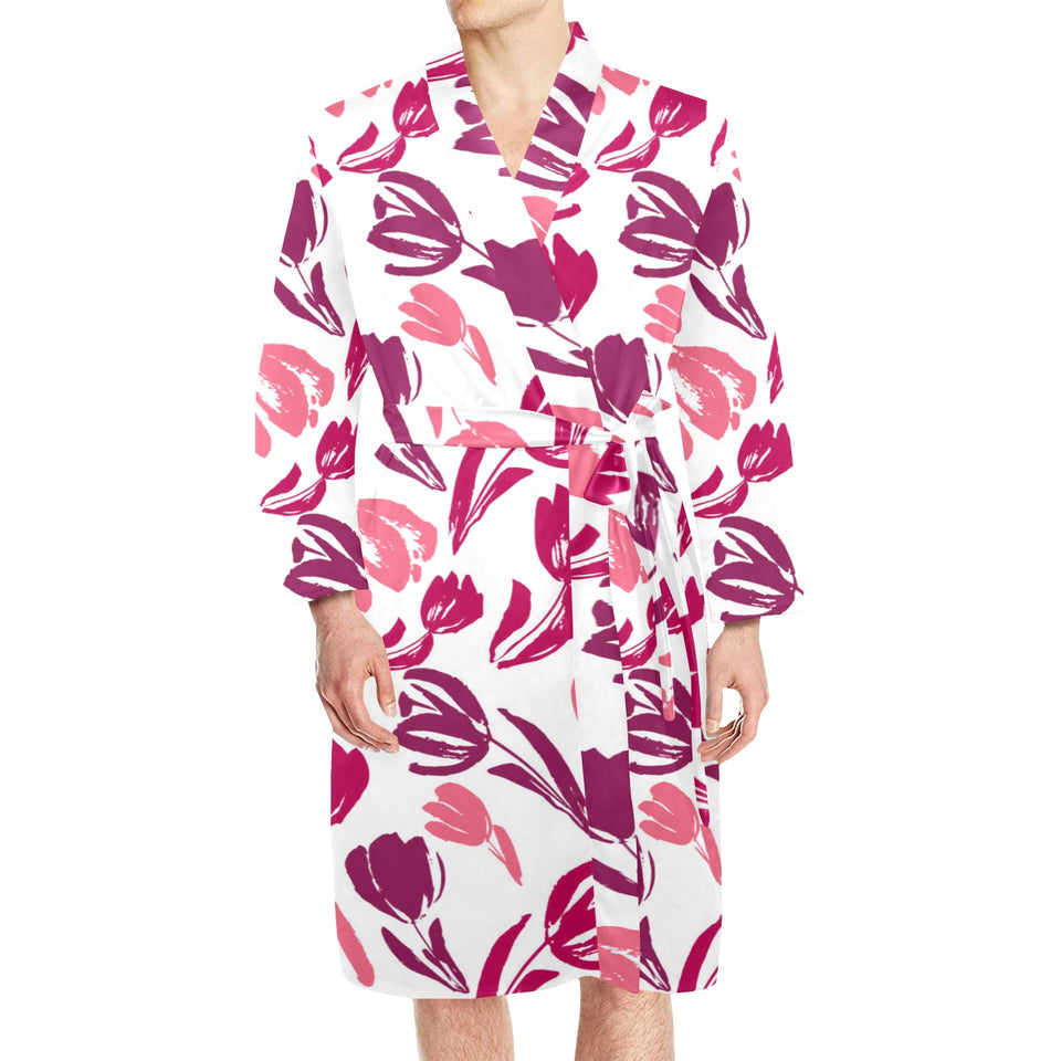 pink sketch tulip pattern Men's Long Sleeve Belted Night Robe