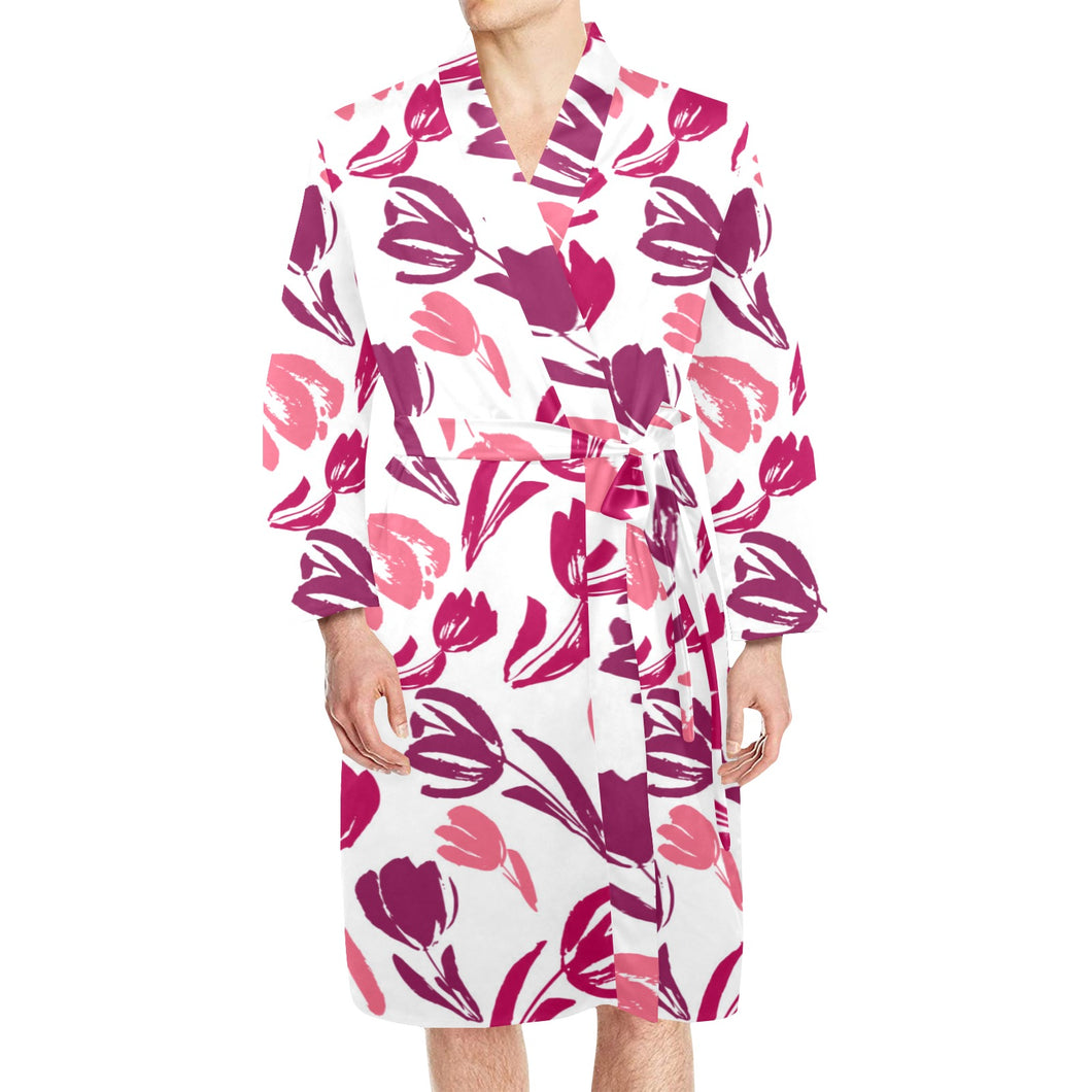 pink sketch tulip pattern Men's Long Sleeve Belted Night Robe