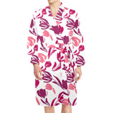 pink sketch tulip pattern Men's Long Sleeve Belted Night Robe