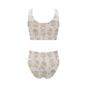 cute owl leaf Chest Bowknot High Waisted Bikini Swimsuit
