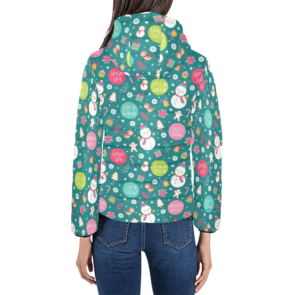 Snowman bird decorative elements christmas pattern Women's Padded Hooded Jacket