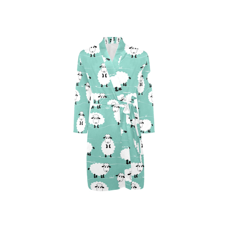 Cute sheep green background Men's Long Sleeve Belted Night Robe