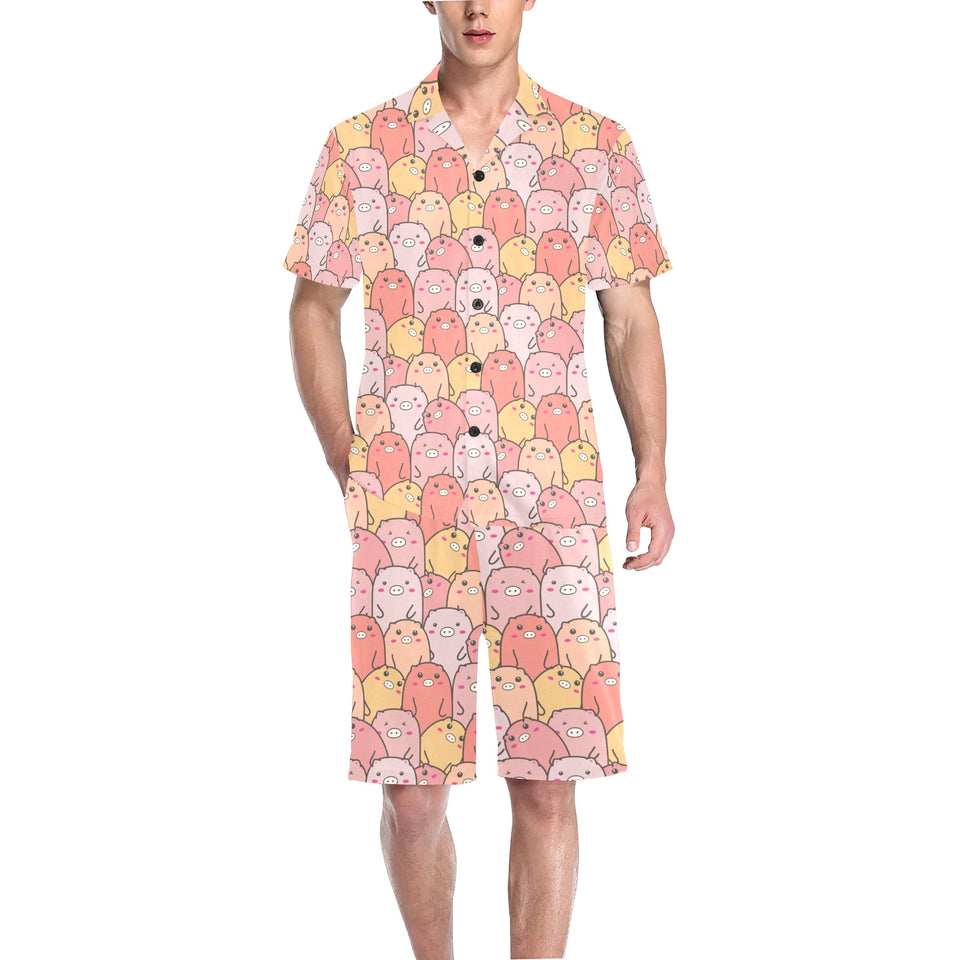 Pig Pattern Print Design 04 Men's V-Neck Short Pajama Set