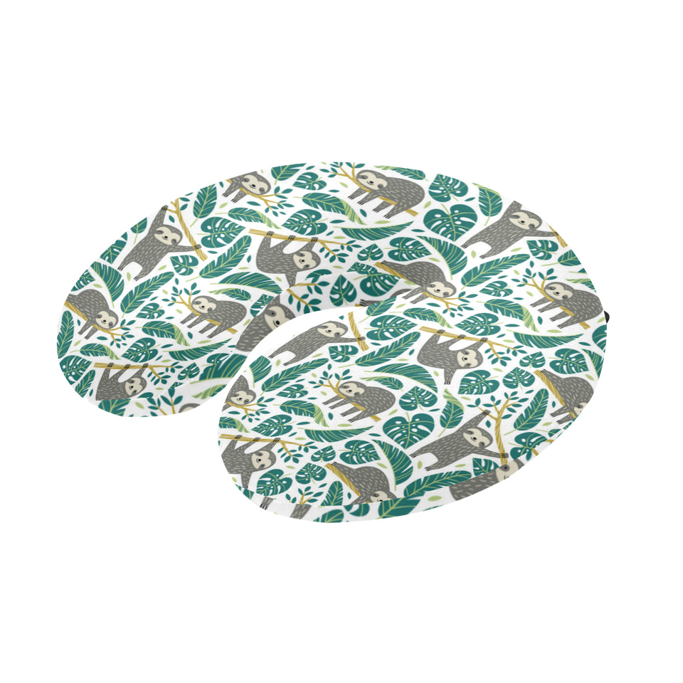 Cute sloths tropical palm leaves white background U-Shaped Travel Neck Pillow