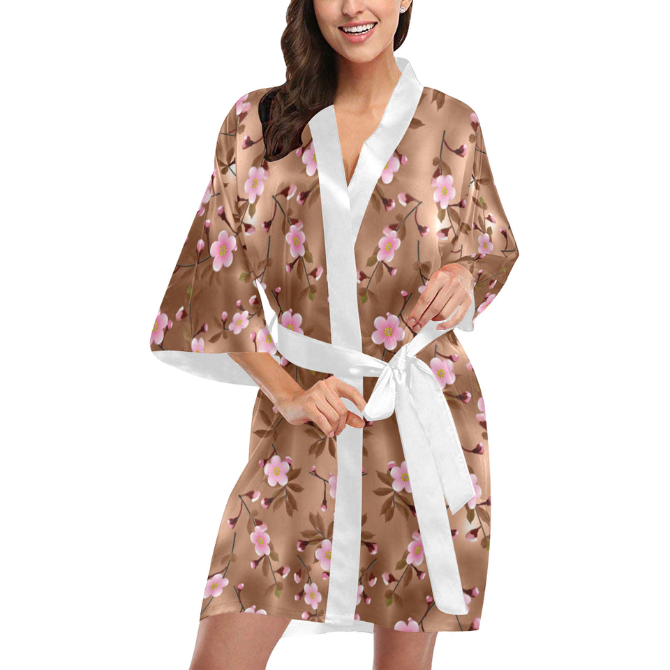 Pink sakura cherry blossom drak brown background Women's Short Kimono Robe