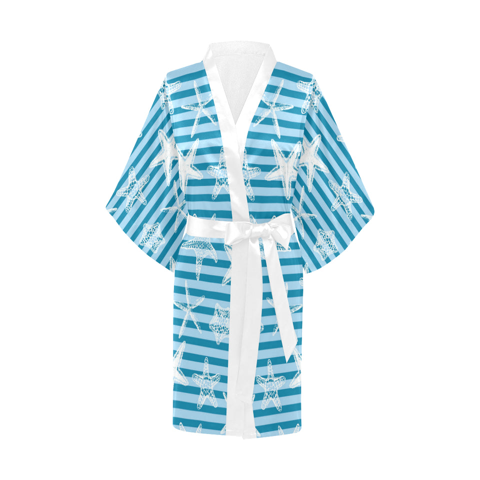 Starfish blue blackground Women's Short Kimono Robe