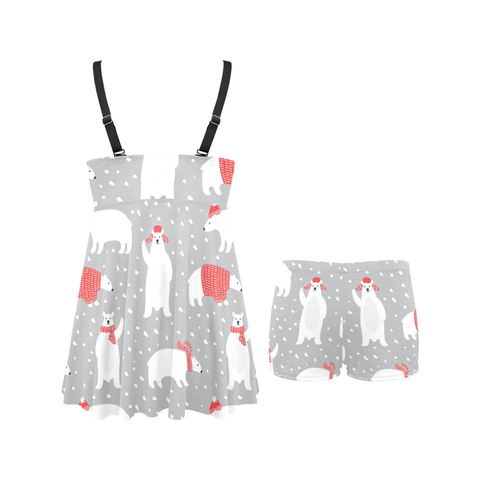 Cute polar bear christmas snow pattern Chest Sexy Pleated Two Piece Swim Dress