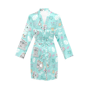 Cute koalas blue background pattern Women's Long Sleeve Belted Night Robe