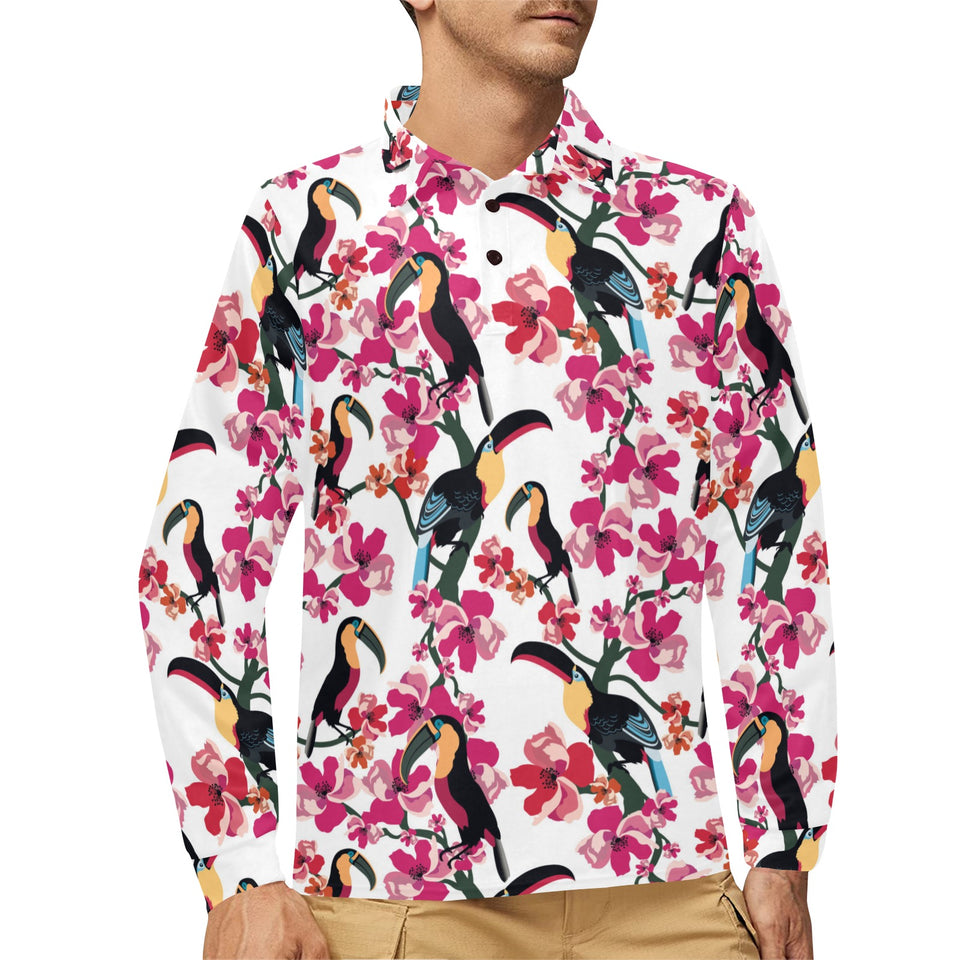 Toucan flower design pattern Men's Long Sleeve Polo Shirt