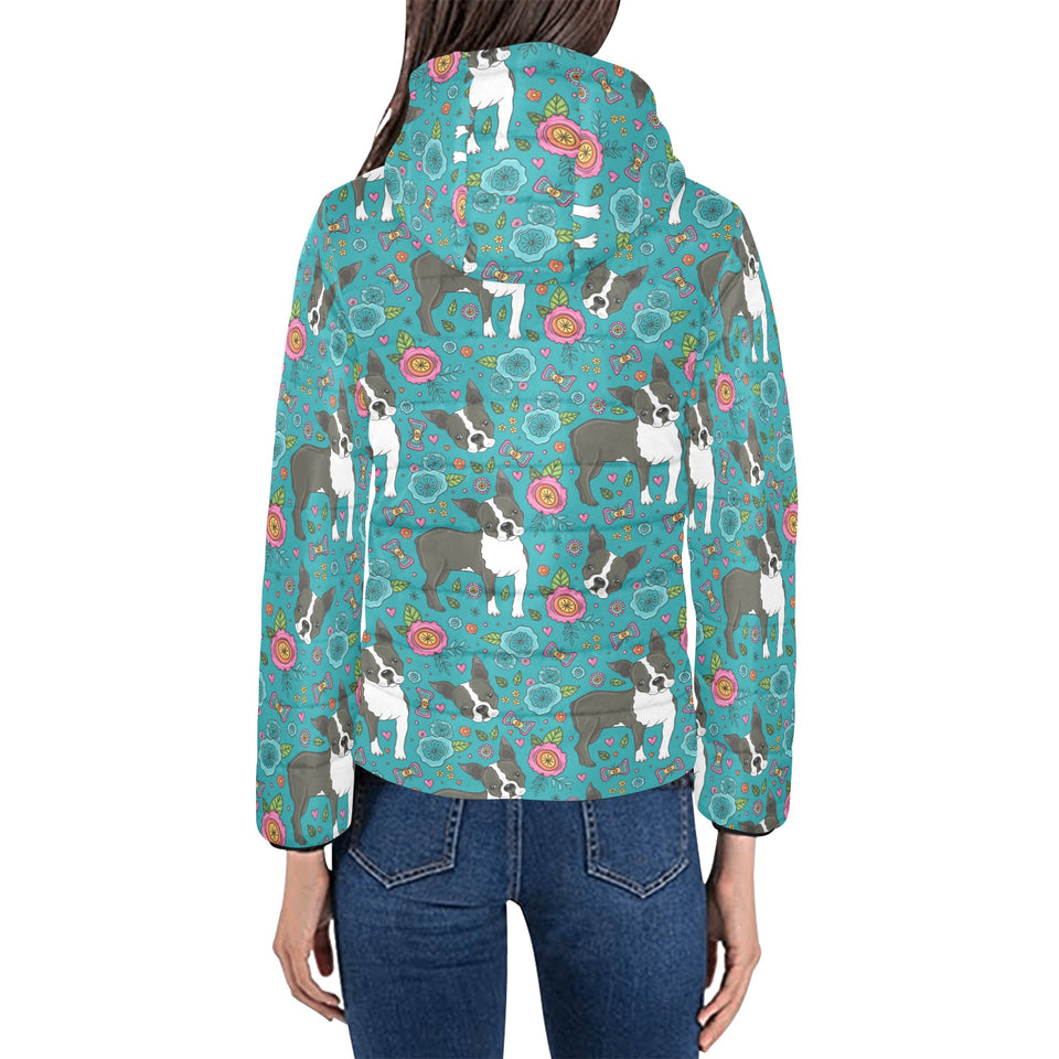 Boston terrier beautiful flower pattern Women's Padded Hooded Jacket