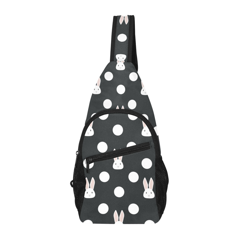 Cute white rabbit polka dots black background All Over Print Chest Bag