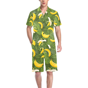 Banana Palm Leaves pattern Men's V-Neck Short Pajama Set