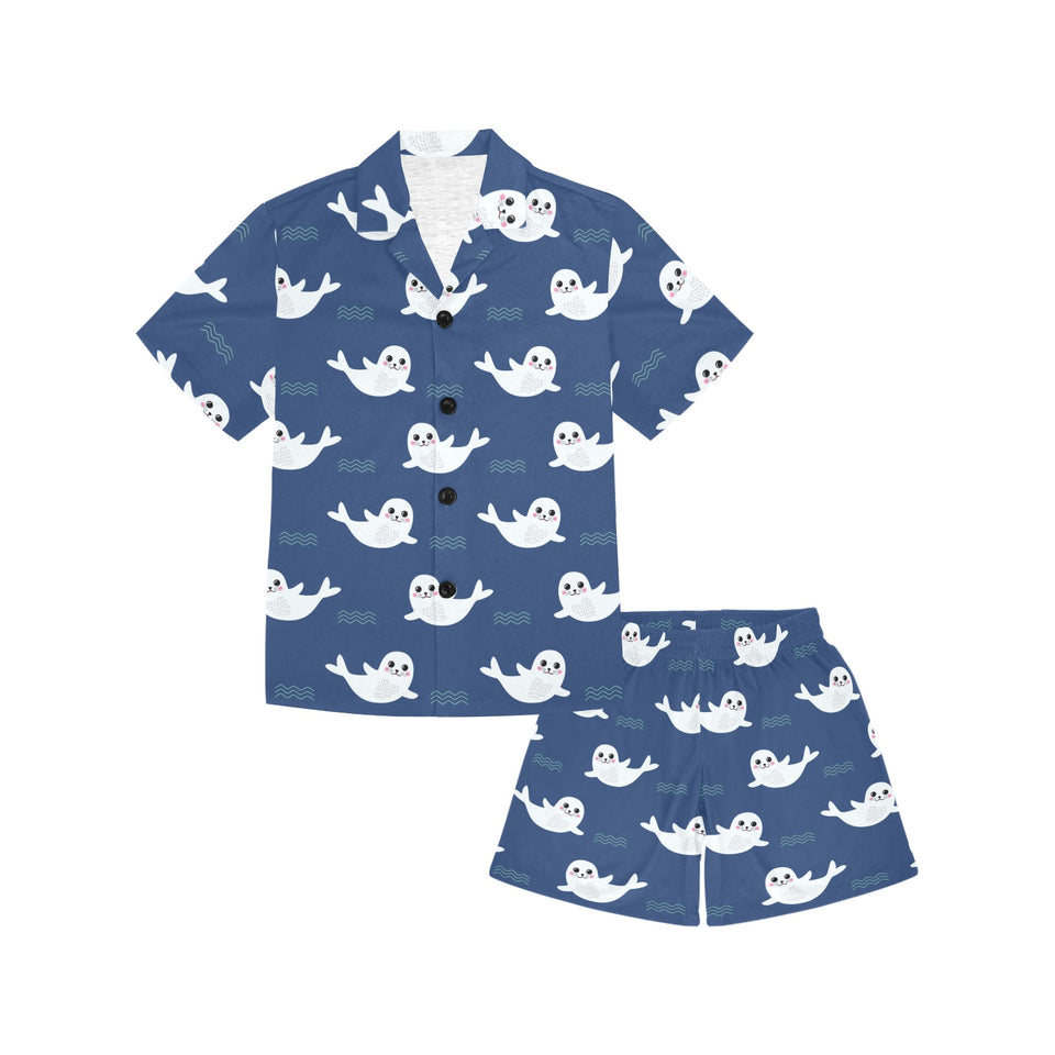 Cute white baby sea lion seal pattern Kids' Boys' Girls' V-Neck Short Pajama Set