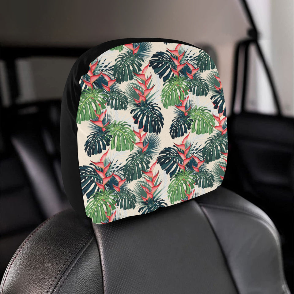 heliconia flowers, palm and monstera leaves Car Headrest Cover