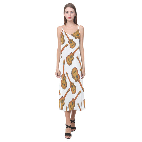 Paint Guitar Pattern V-Neck Open Fork Long Dress
