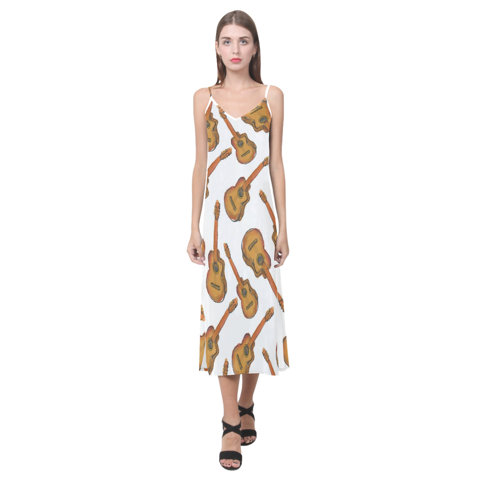 Paint Guitar Pattern V-Neck Open Fork Long Dress