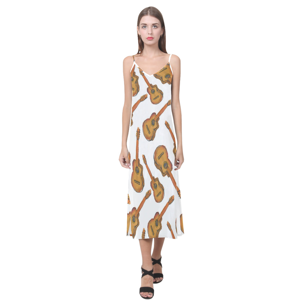Paint Guitar Pattern V-Neck Open Fork Long Dress