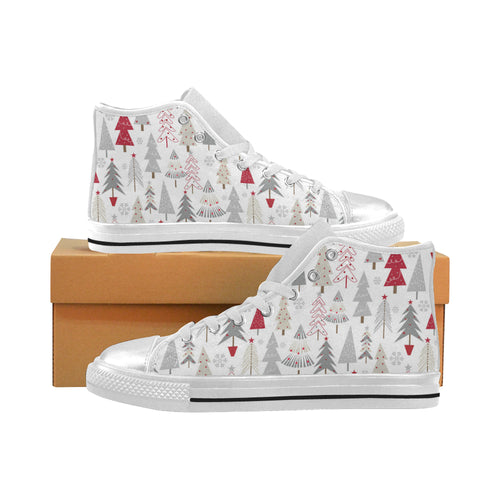 Cute Christmas tree pattern Women's High Top Canvas Shoes White