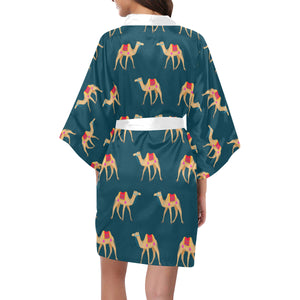 Camel pattern blue blackground Women's Short Kimono Robe