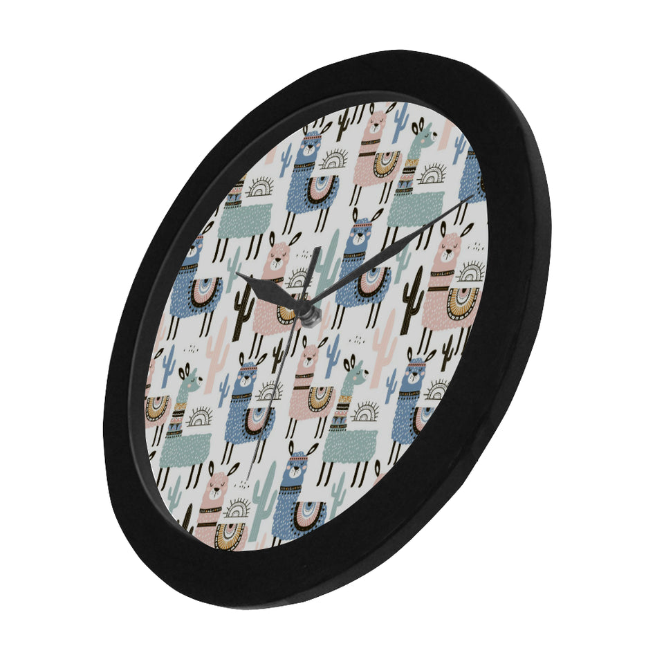 lama Alpaca cactus hand drawn pattern Elegant Black Wall Clock