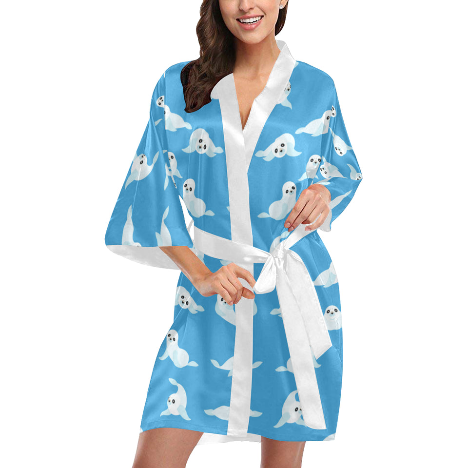 Cute sea lion seal pattern background Women's Short Kimono Robe