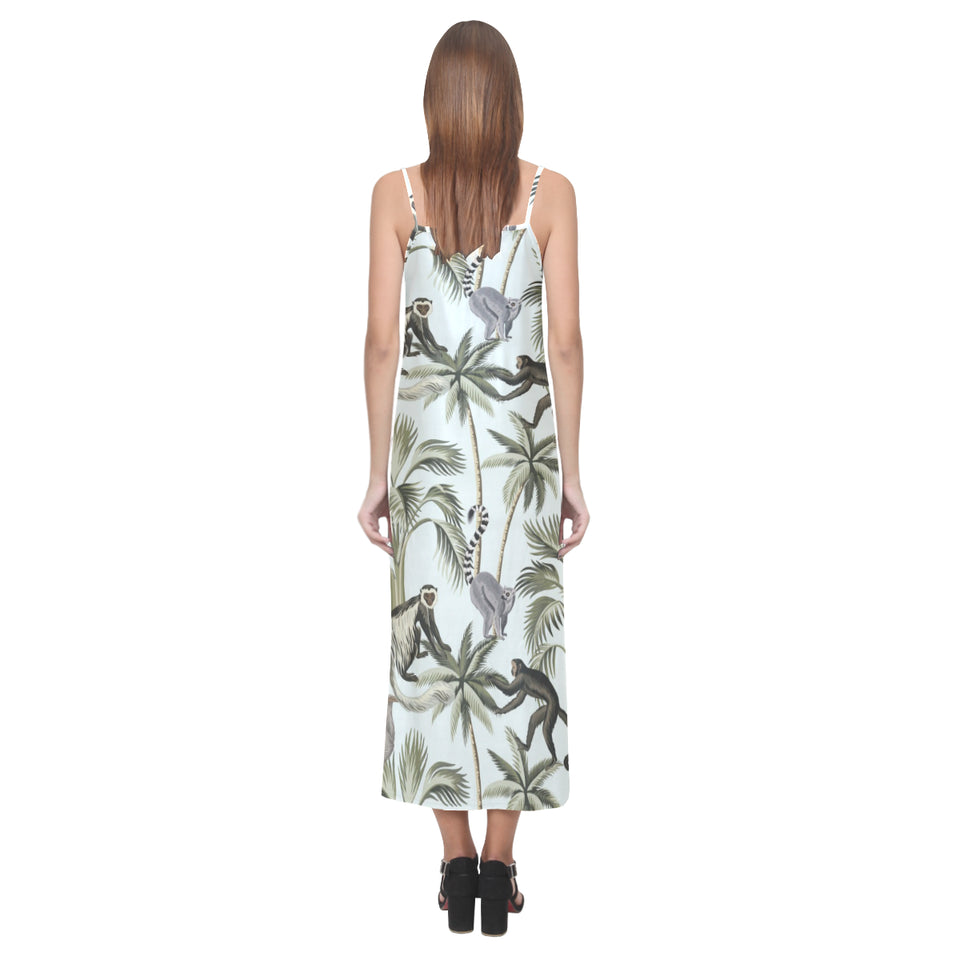Monkey sloth lemur palm trees pattern V-Neck Open Fork Long Dress