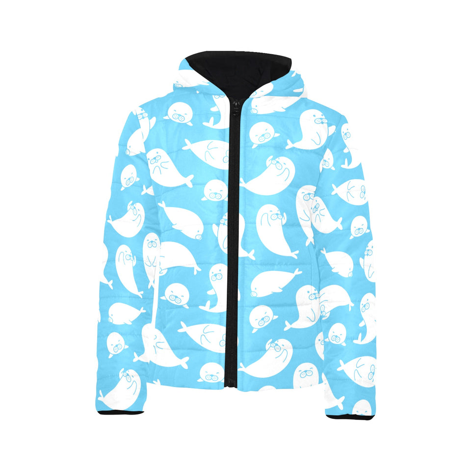 Cute white sea lion seals pattern Kids' Boys' Girls' Padded Hooded Jacket
