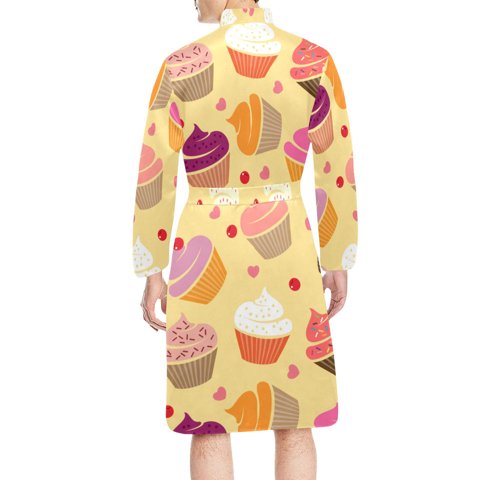 cake cupcake heart cherry pattern Men's Long Sleeve Belted Night Robe