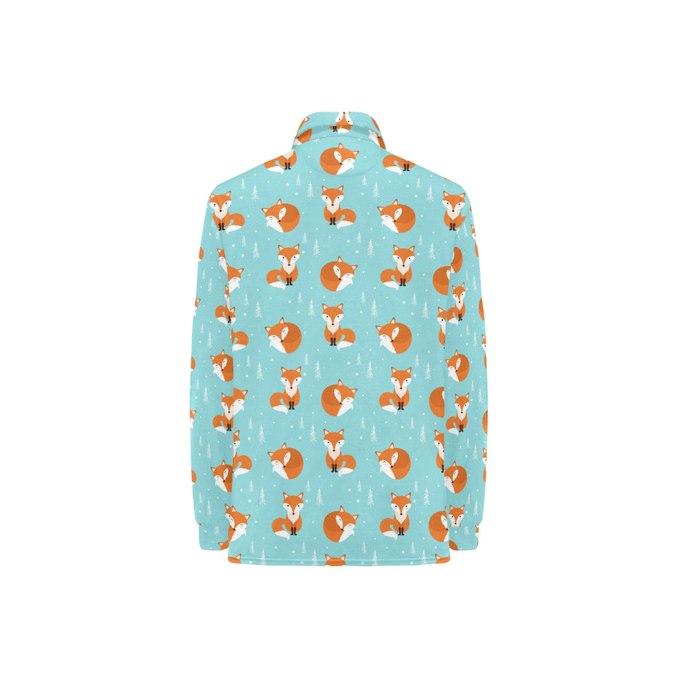Fox pattern blue b ackground Women's Long Sleeve Polo Shirt