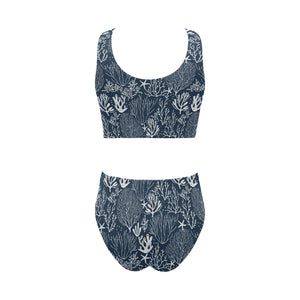 Coral Reef Pattern Print Design 05 Chest Bowknot High Waisted Bikini Swimsuit