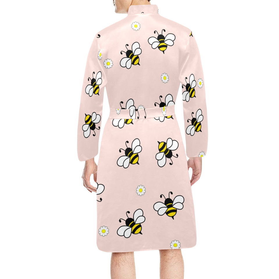 Cute bee flower pattern pink background Men's Long Sleeve Belted Night Robe