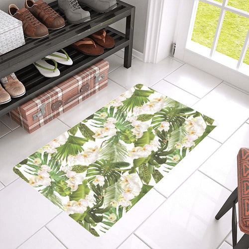 White orchid flower tropical leaves pattern Doormat