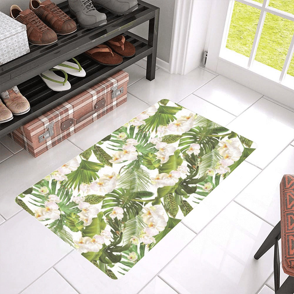 White orchid flower tropical leaves pattern Doormat