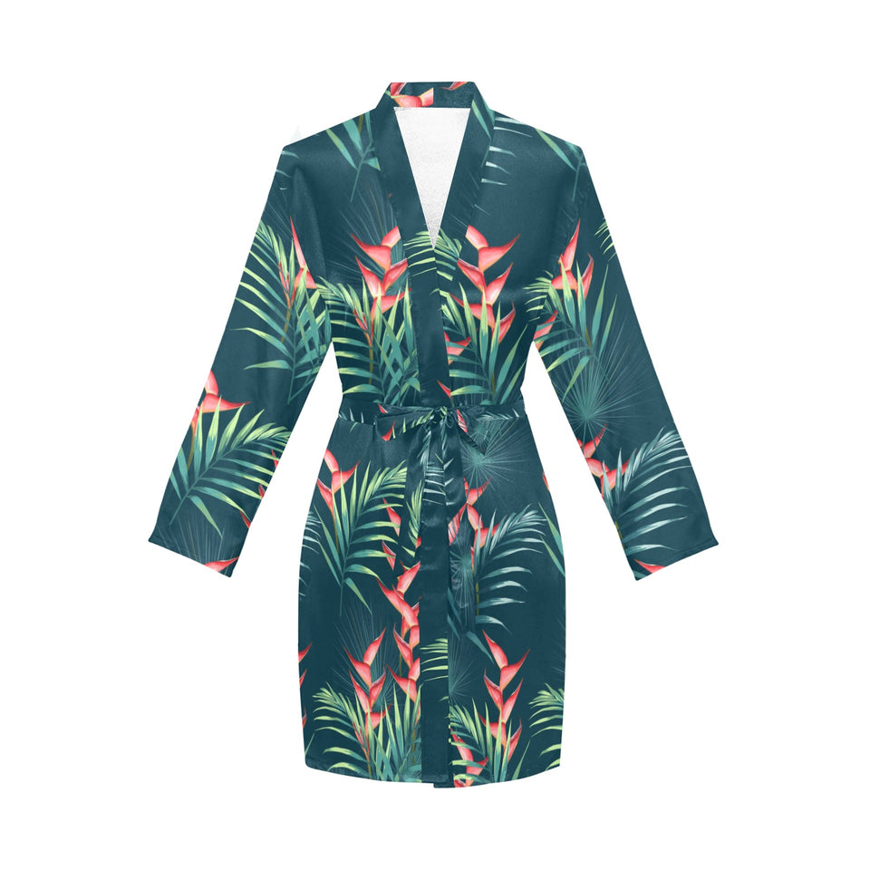 heliconia flowers, palm and monstera leaves on bla Women's Long Sleeve Belted Night Robe