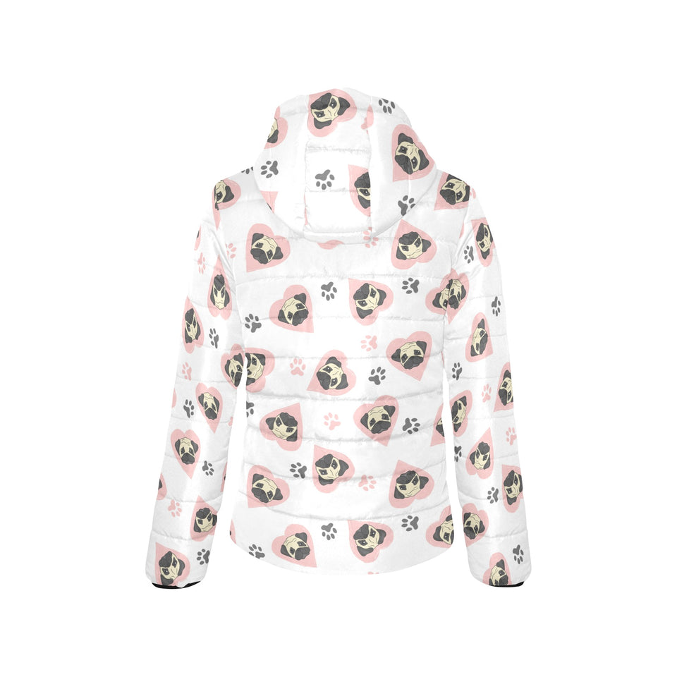 Cute pugs pink heart paw pattern Women's Padded Hooded Jacket