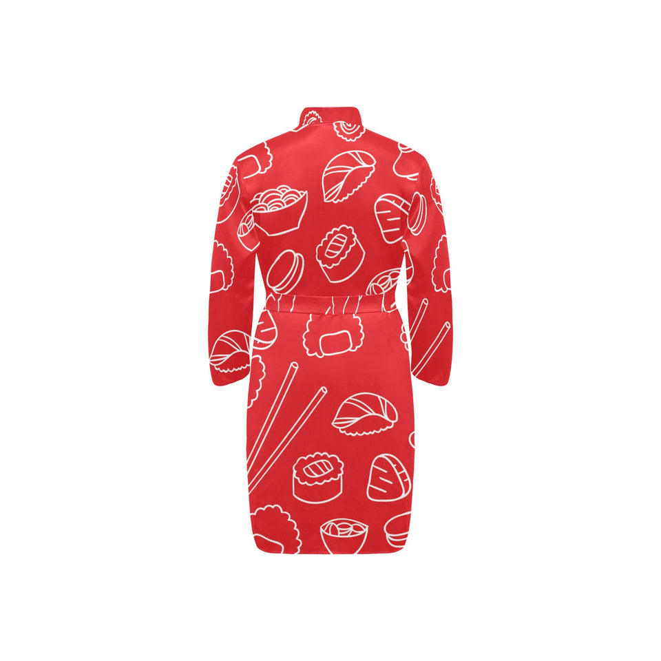 sushi pattern red background Men's Long Sleeve Belted Night Robe