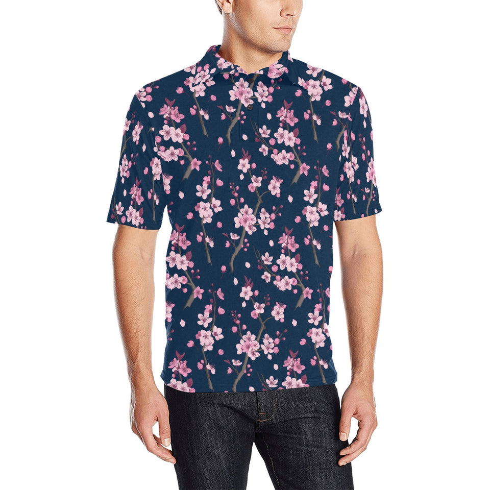 Pink sakura cherry blossom blue background Men's All Over Print Polo Shirt