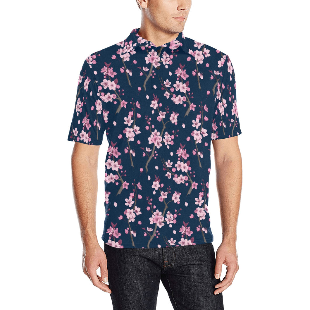 Pink sakura cherry blossom blue background Men's All Over Print Polo Shirt